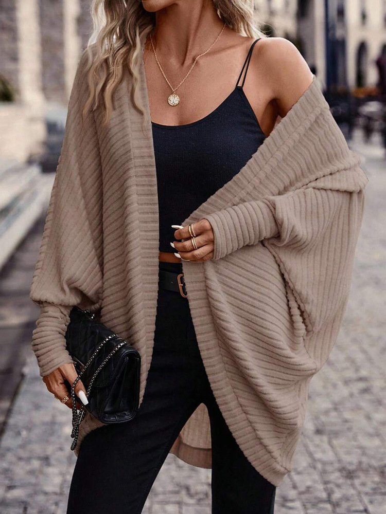 Women's Clothing V-Neck Knit Cardigan Sweater - Soft Loose Fit Long Sleeve Open Front Casual Pullover For Fall Winter (Black, Gray, Army Green)_voghion.com