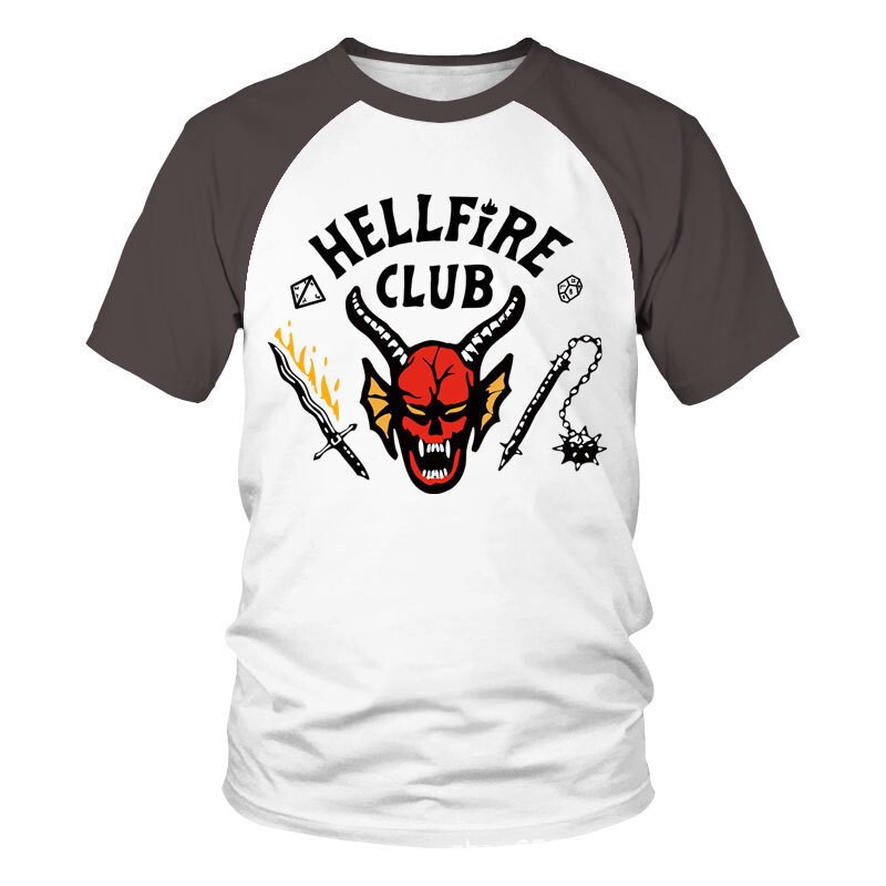 Stranger Things Hellfire Club Short Sleeve T-Shirt Gray Red Devil Head Board Game Drama Fan Gathering Cross-Border Trend Stranger Things Hellfire Club Short Sleeve T-Shirt Gray Red Devil Head Board Game Drama Fan Gathering Cross-Border Trend