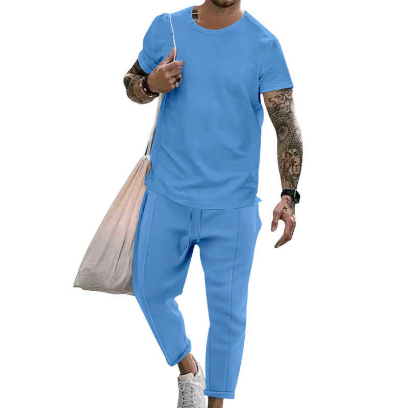 Estación independiente Ropa de hombre de comercio exterior europeo y americano 2023 Camiseta de manga corta de cuello redondo de dos piezas Traje de pantalones de hombre de moda casual