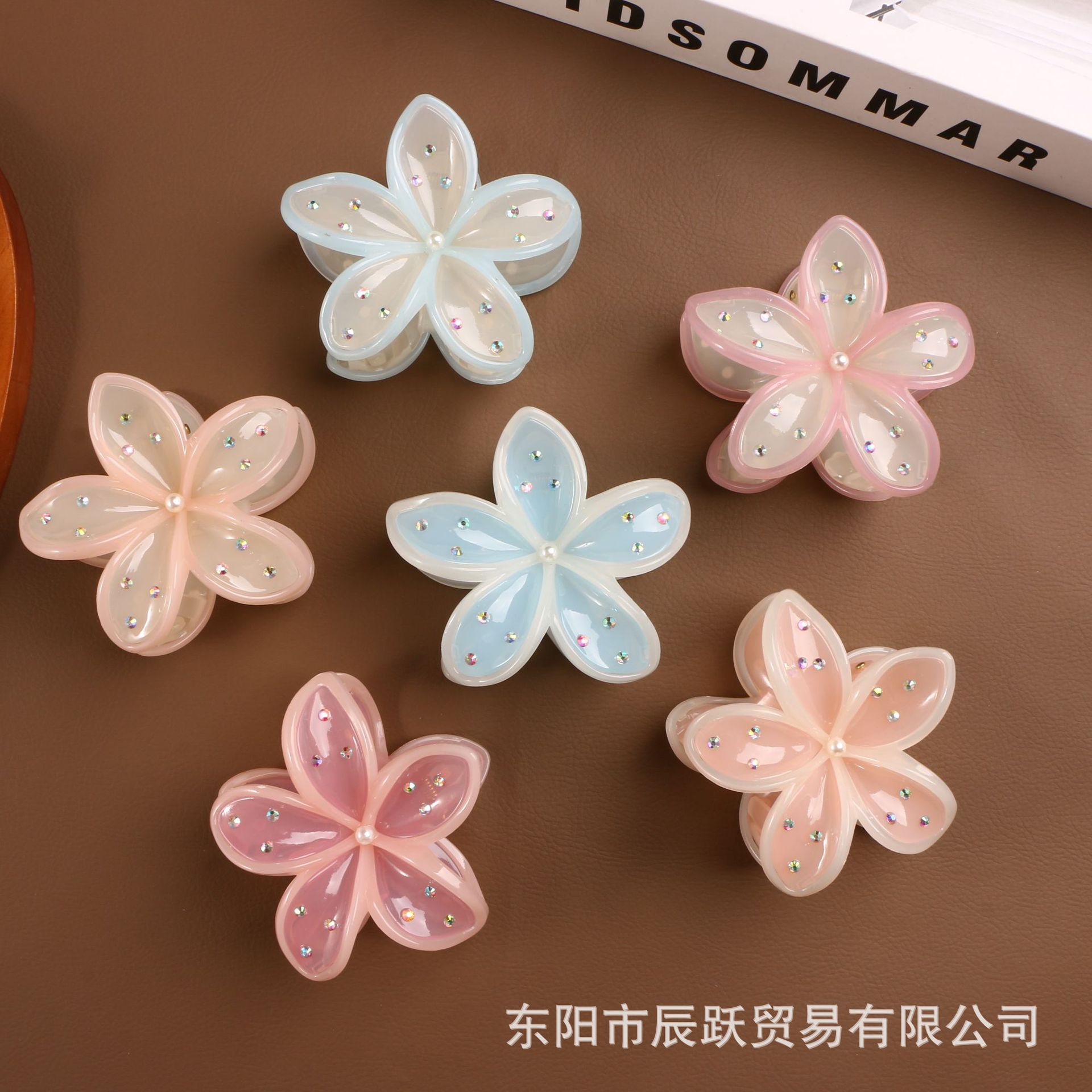 跨境鸡蛋花8cm抓夹水钻糖果花朵发夹新款点钻紫荆花后脑勺发饰