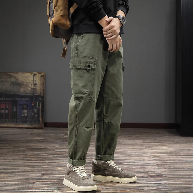 American Trendy Retro Functional Patchwork Cargo Pants for Men, Loose Straight Large Size Harem Pants, Spring Pure Cotton Casual Pants