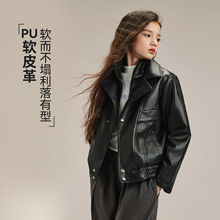 女童新款甜酷PU软皮革微廓形机车风皮衣外套春秋剪裁双层翻领高街