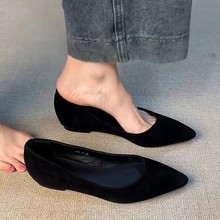 羊皮版~真皮绒面一脚蹬浅口尖头单鞋女时尚复古内增高通勤工作鞋