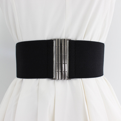 Women's Plaid Button Elastic Belt Decorative Coat Dress Versatile Waist Slim Fit Black Elastic Wide Waistband