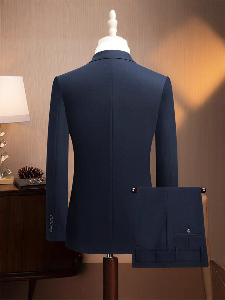 Vest nam công sở cao cấp dáng ôm, cổ ve nhọn hai hàng khuy, phong cách Hàn Quốc, phù hợp dự tiệc cưới — Sọc xanh (áo + quần)