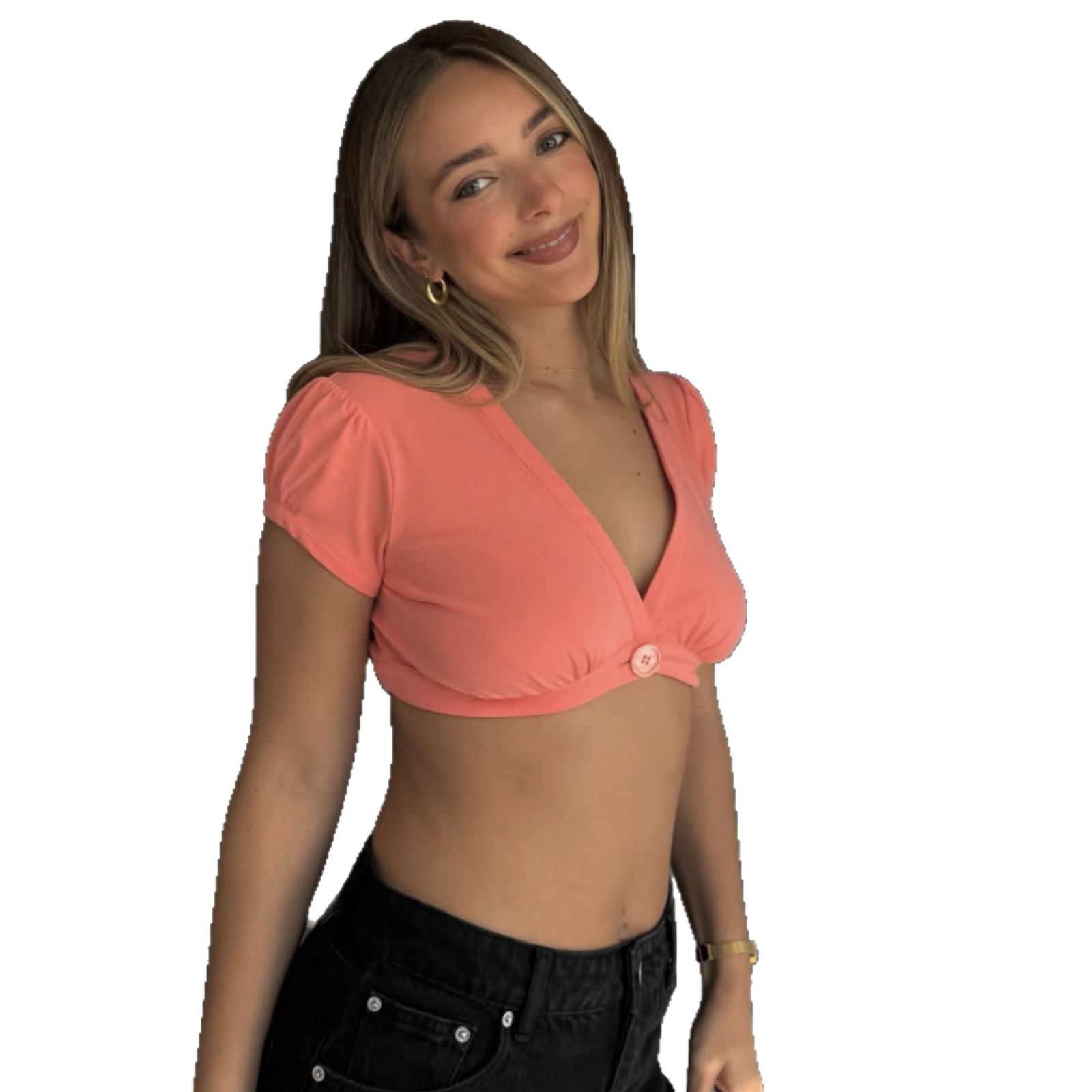Transfronterizo Amazon 2026 explosión de moda de mujer de color sólido sexy oscuro V manga corta botón super corto al por mayor