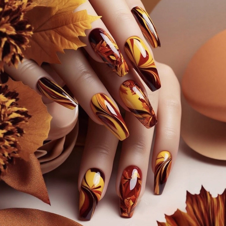 Medium-Length Ballet Nails with Gold and Red-Brown Floral Patterns, Foreign Trade Fashion Nail Stickers Wholesale Medium-Length Ballet Nails with Gold and Red-Brown Floral Patterns, Foreign Trade Fashion Nail Stickers Wholesale
