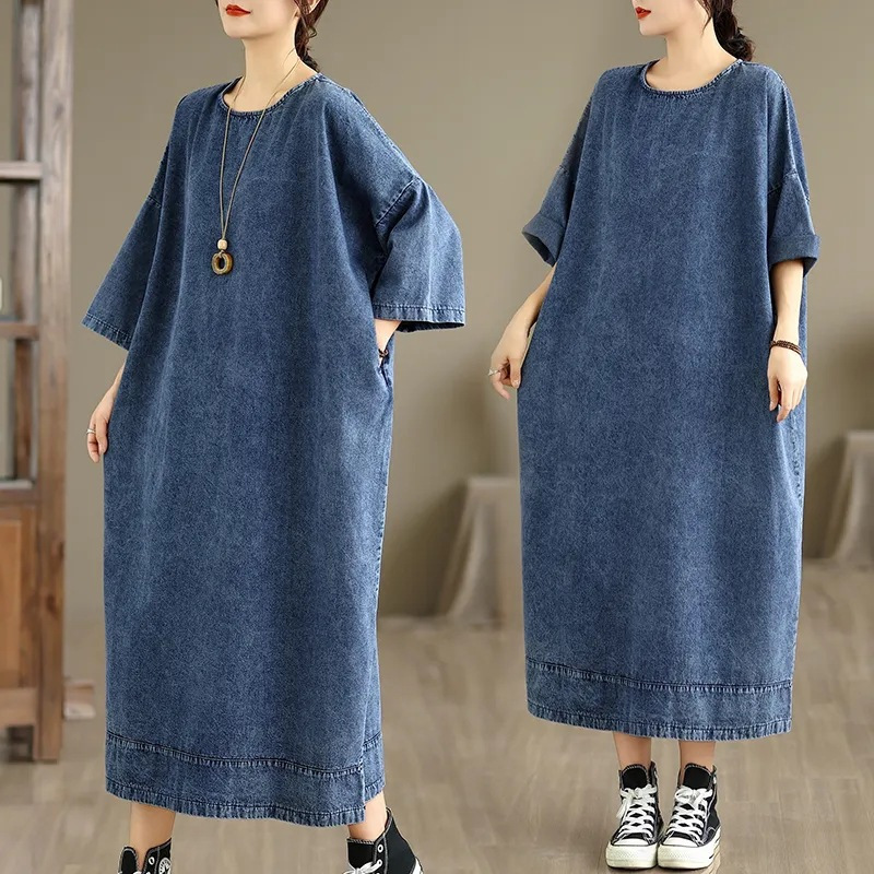 Spring and Autumn Literary Plus Size Loose Women's Casual Slimming Denim Dress, Women's Body Concealing Slimming Extended Straight Dress