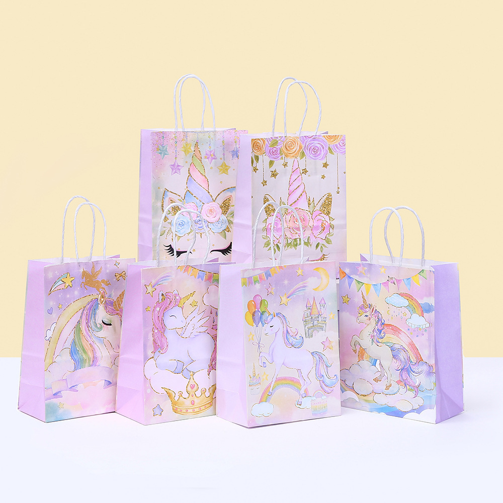 新款卡通牛皮纸袋聚会派对礼物礼品袋独角兽节日印花手提包装袋