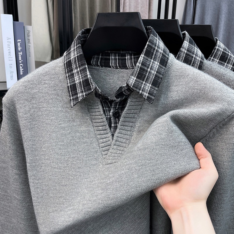 Men's faux two-piece sweater, fleece-lined and thickened, high-end, suitable for middle-aged and elderly, collared sweater, autumn and winter base shirt, father's clothing