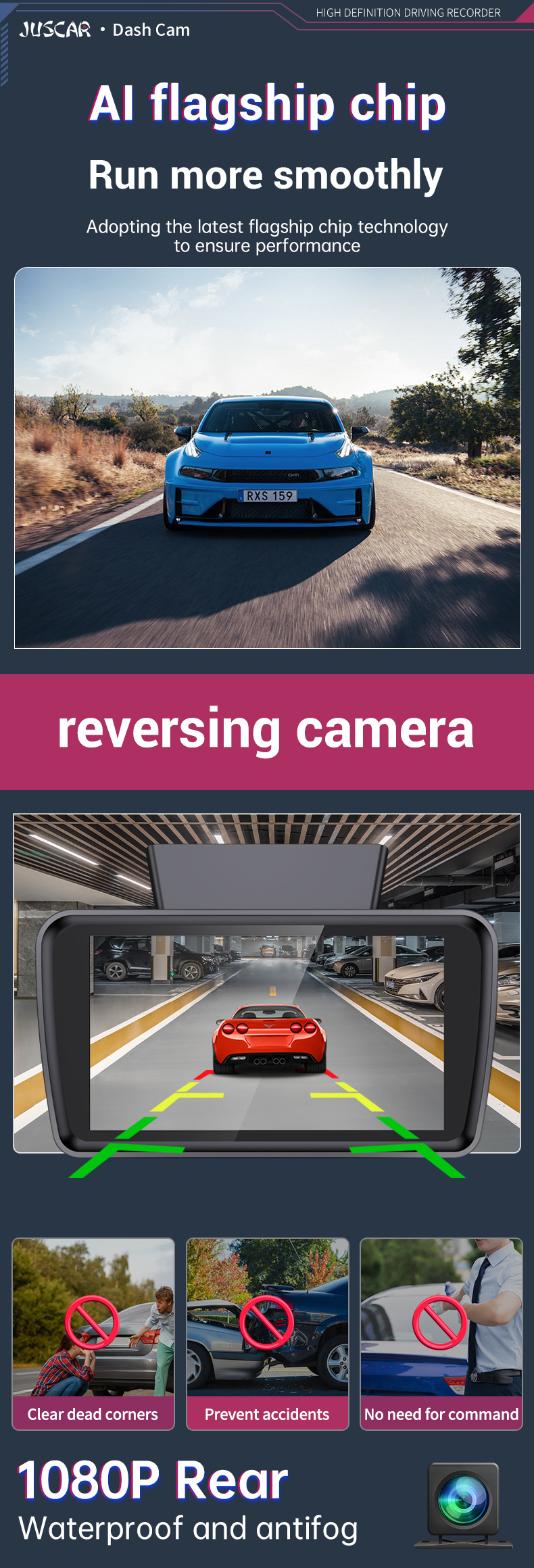 Driving Recorder with Wifi Connectivity, Dual Recording of Front and Rear Vehicles, 24-Hour Parking Monitoring, Night Vision, Reversing Images