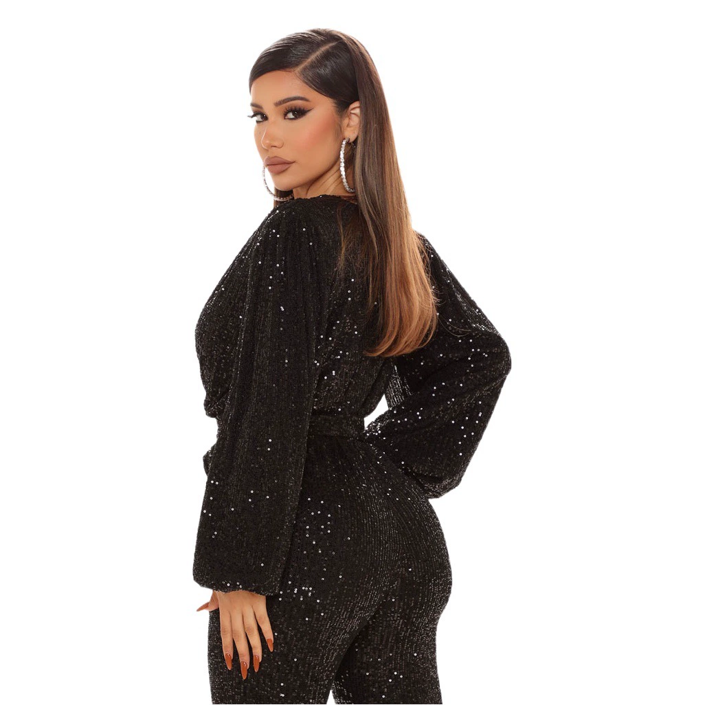 Amazon Explosions Осенние европейские и американские высококачественные женские брюки с пайетками и глубоким V-образным вырезом и длинным рукавом Брюки для внешней торговли