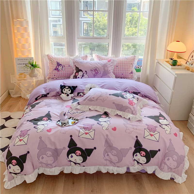 三丽鸥纯棉花边款四件套全棉公主风卡通HelloKitty床单被套床裙款|undefined
