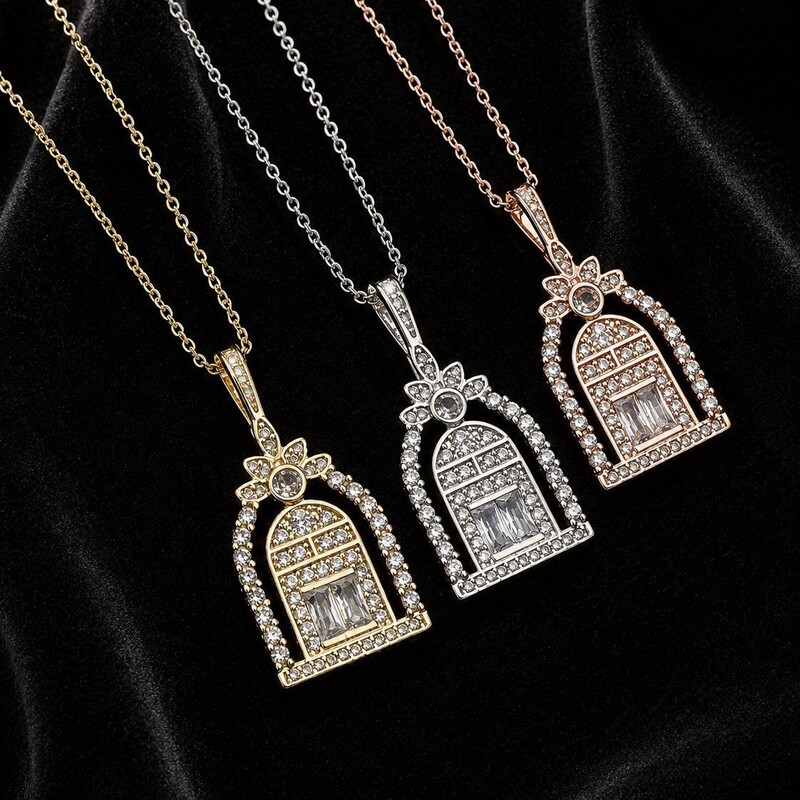 Copper+Titanium Steel Chain Wei Xue's Same Style Happiness Gate Necklace for Women 2026 New Model Full Diamond Castle Clavicle Chain Jewelry