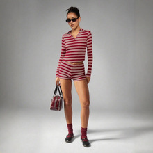欧美2025新款性感辣妹时尚修身拼接针织条纹抹胸露脐短裤上衣套装