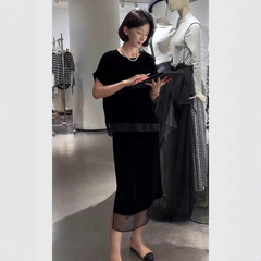 巨好看夏装一整套法式赫本风气质独特绝美漂亮黑色丝绒上衣套装裙