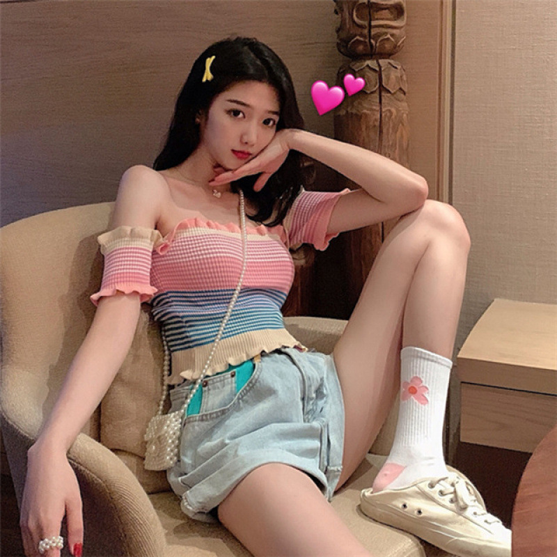 かわいいストライプのオフショルダーニットシャツトップアウターショートへそ出しベスト女性用ワンラインカラー|undefined