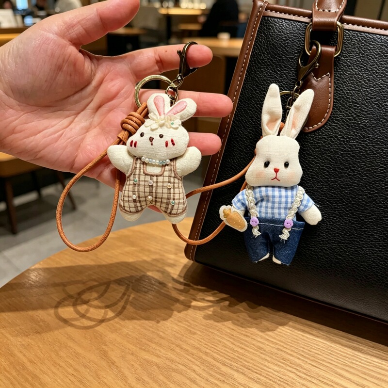 Korean-Style Handmade Cotton and Linen Fabric Pendant for Women, Versatile Japanese-Style Fresh and Cute Rabbit Doll Bag Charm Keychain