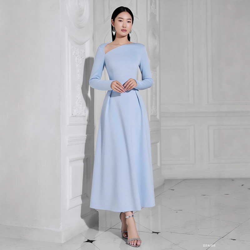 Ybh10152 Elegant Asymmetrical Neckline Long-Sleeved A-Line Wedding Dress with Large Hem Ybh10152 Elegant Asymmetrical Neckline Long-Sleeved A-Line Wedding Dress with Large Hem