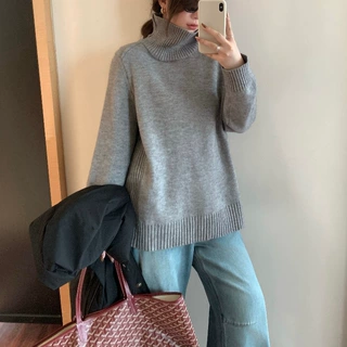 韩系秋冬新款高领套头坑条针织衫休闲宽松毛衣女慵懒百搭微胖打底