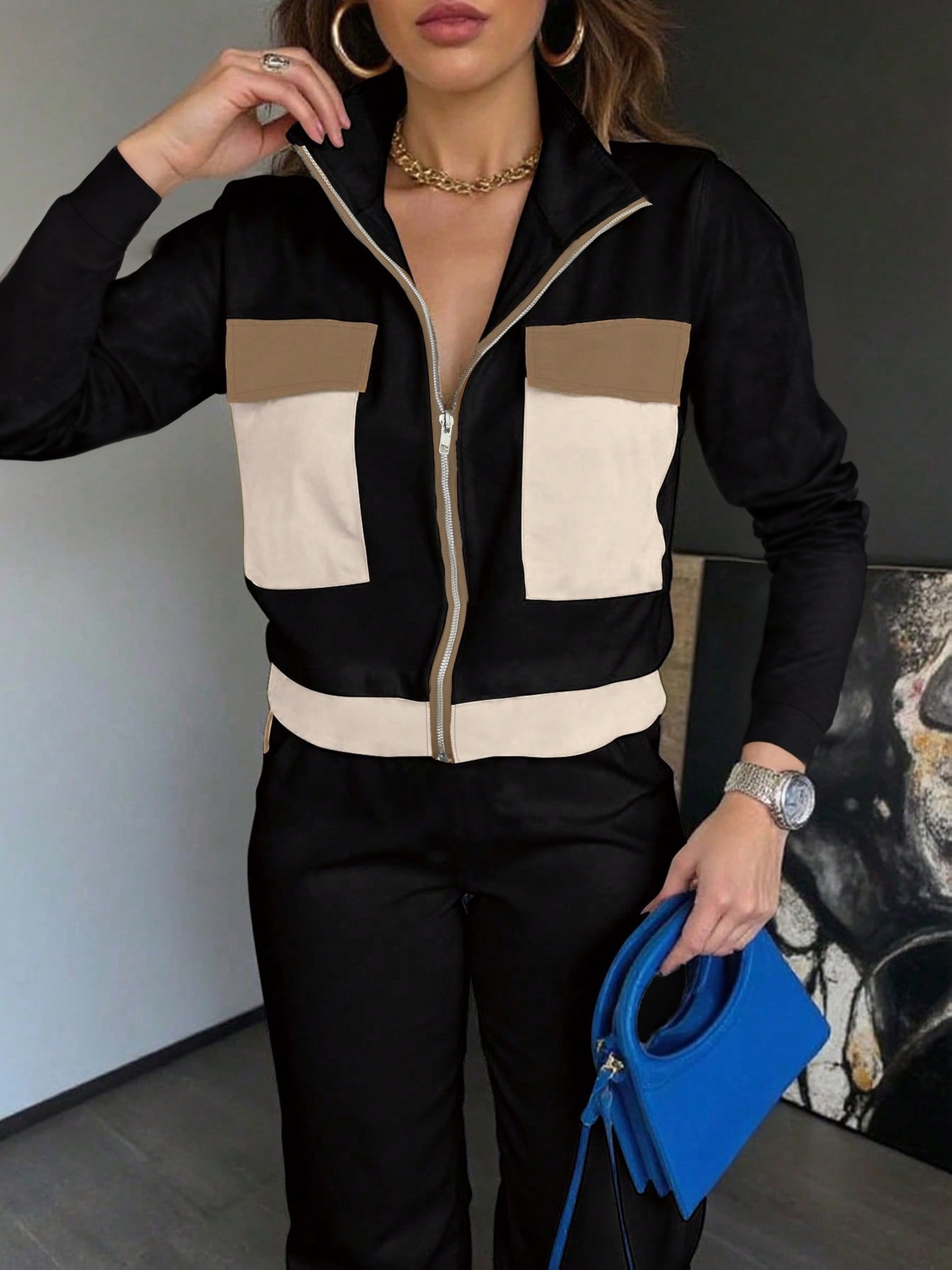 Women's Color Block Two Piece Set Long Sleeved Top Elastic Waist Straight Leg Trousers_ecoleips.com