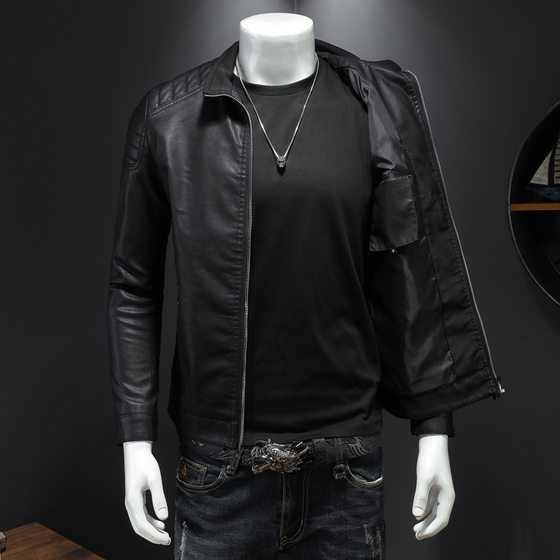 Stand Collar Leather Jacket Men's Fashionable Jacket 2022 Spring New Leather Jacket Slim-fit Korean Handsome Spring and Autumn Men's Wear