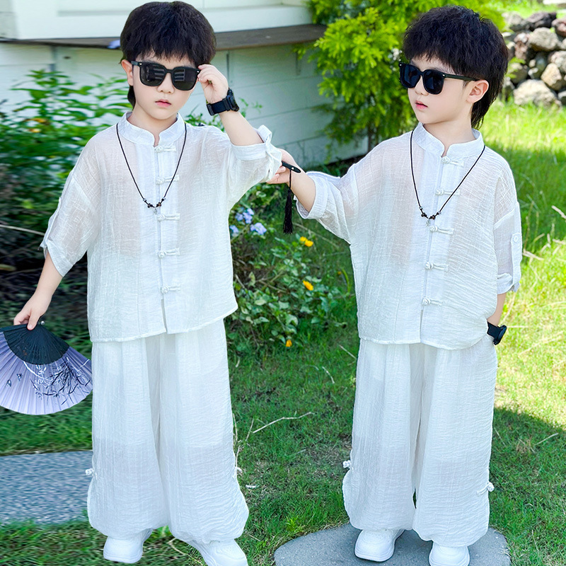 男の子の夏スーツ子供唐装漢服 2025 新しいレトロな新しい中国風のボタンシャツ小中型子供服|undefined