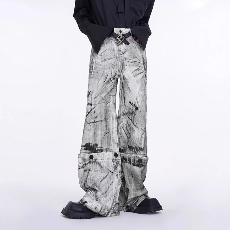 American-Style Hip-Hop White Graffiti Distressed Fashion Jeans for Men, Vibe Loose Straight Wide-Leg Pants Trendy American-Style Hip-Hop White Graffiti Distressed Fashion Jeans for Men, Vibe Loose Straight Wide-Leg Pants Trendy