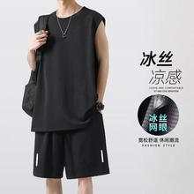 冰丝无袖t恤男夏季薄款速干短袖短裤运动速干健身背心篮球套装潮