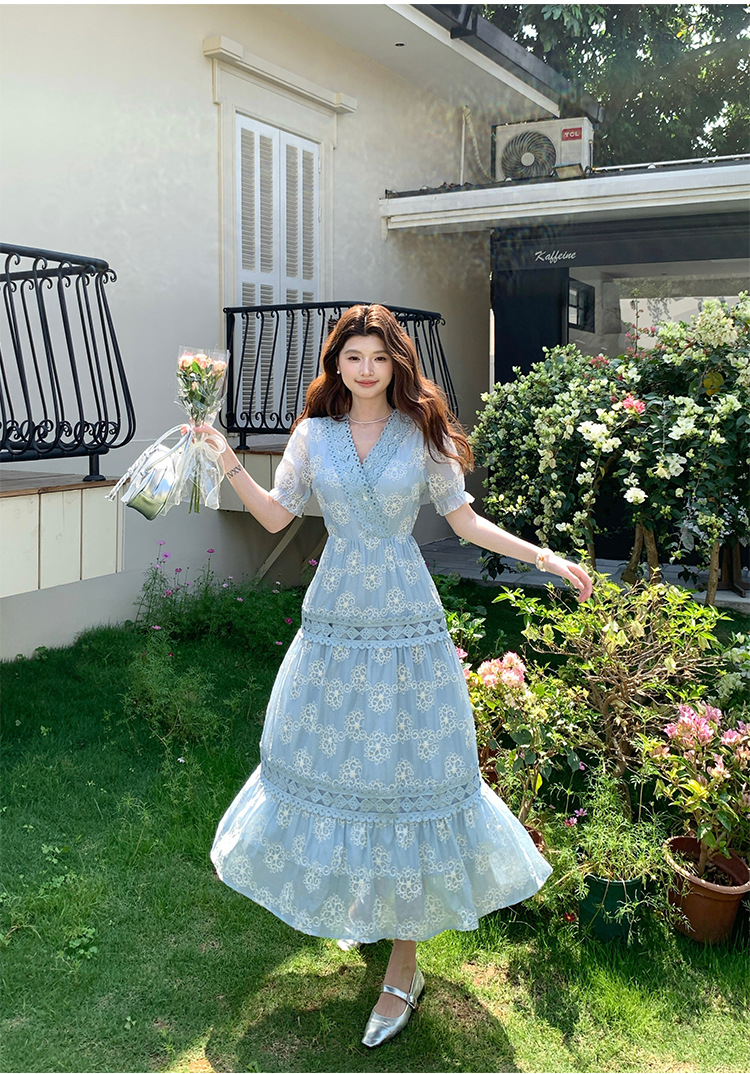 Đầm maxi nữ tay bồng ren hoa V cut-out phong cách Pháp cung đình — xanh lam, màu hồng, màu mơ chi tiết 21