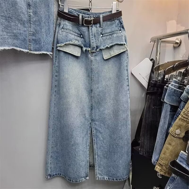 Split Denim Skirt Women's Summer Mid-length High Waist Ripped A- line Skirt 2024 New Design Sense Long Skirt