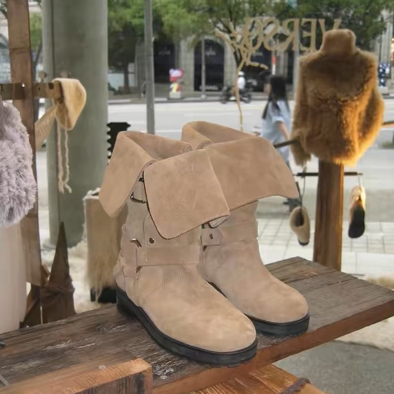 한국 스타일 틈새 옷깃 투웨어 벨트 버클 마틴 부츠 여자 가을 겨울 기모 두꺼운 힐 라운드 발가락 웨스턴 데님 쇼트 부츠