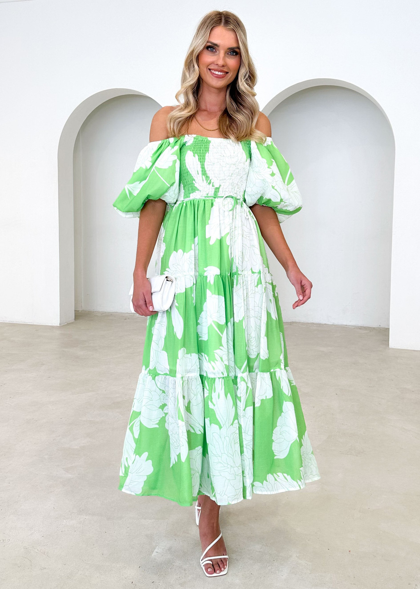 266g Weight Maxi Long Dress Dress Length Type Short Sleeve Sleeve Length Swing Dress Dresses Type Puff Sleeve Sleeve Type Polyester Fabric Type High Waist Waist Line Holiday, Daily Occasion Off Shoulder Neckline Slim Fit Type Flower Pattern Spring Season Women's Gender Printing Design Elegant, Pastoral Style Wholesale Women's Elegant Pastoral Printing Flower Holiday Daily Off Shoulder Short Sleeve Swing Dress 14