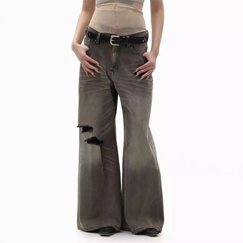 Grey distressed destructive sense loose micro-Denim trousers women's 2024 autumn new