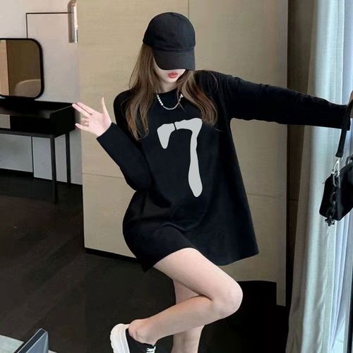 Heavy cotton long-sleeved T-shirt for girls loose new spring and autumn base shirt for students versatile black tops ins trendy