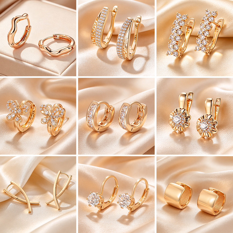 Pendientes de Aro con Zirconia de Aleación de Cobre Bañado en Oro de 18K