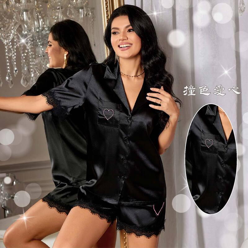 Cross-Border Plus-Size Ice Silk Pajamas, Feminine Set, Black Imitation Silk Lace Heart-Shaped Short-Sleeved Shorts Home Wear