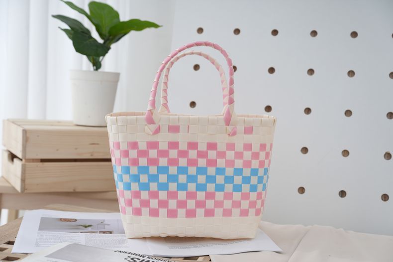 Color Block, Plaid Pattern Women's Cute Color Block Plaid PVC Shopping Bags
