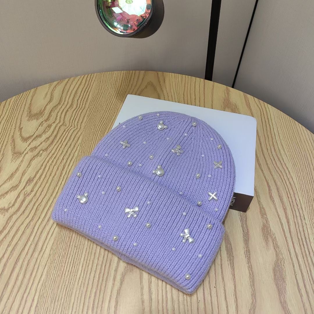 Herbst Winter Neue Perlen-Schleife Leichter Wollstil für Damen Großer Kopfumfang Gesicht Schlankmachend Kältebeständig Ohren_voghion.com