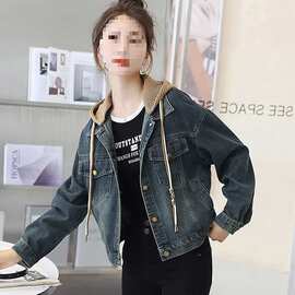宽松小个子牛仔外套女春秋休闲新款开衫上衣短款连帽百搭复古夹克