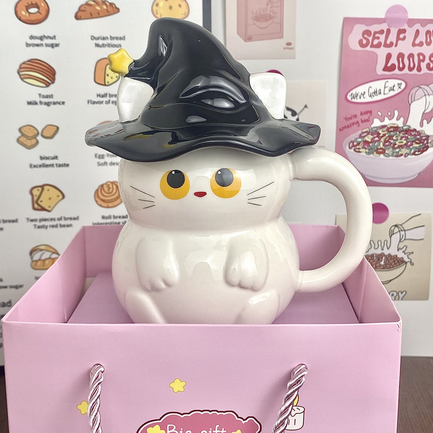 Personalidad creativa sombrero mágico gato taza de Halloween fantasma taza de cerámica de dibujos animados encantadora copas de agua