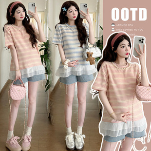 Summer New Korean Style Sweet Striped Stitching Chiffon Loose Pregnant Women T-shirt Top
