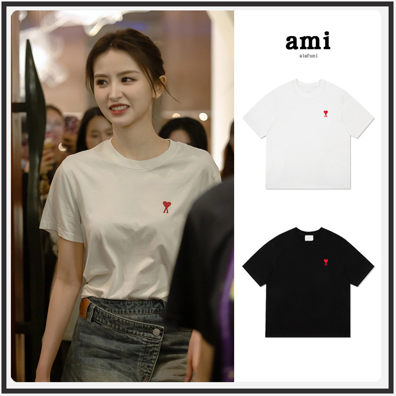Ami Short Sleeve 25ss Small Love Embroidery Star Same Style Men's and Women's Pure Cotton Loose Summer Fashion T-Shirt Half Sleeve Top