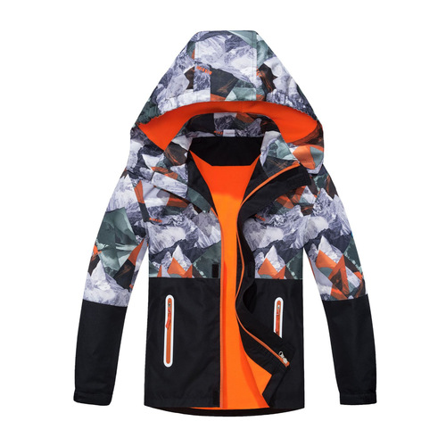 Boys' Outdoor Waterproof Warm Breathable Children's Windbreaker Zipper Jacket Reflective Warning Wind Coat Jacket Color-Matching Camouflage