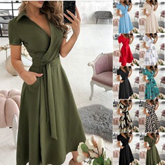2023ebay速売通wish起爆春夏ファッション長袖vネックプリントヒップワンピース女装半袖