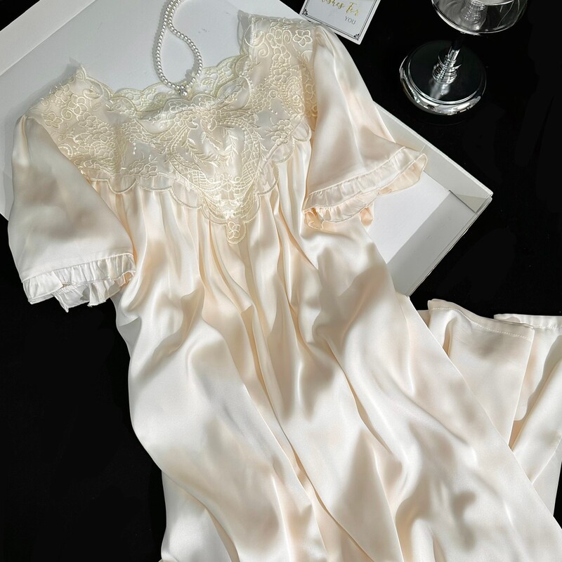 French Court-Style Lace Ice Silk Short-Sleeve Long Dress Nightgown, Can Be Worn Outside, Elegant Backless Trendy Homewear