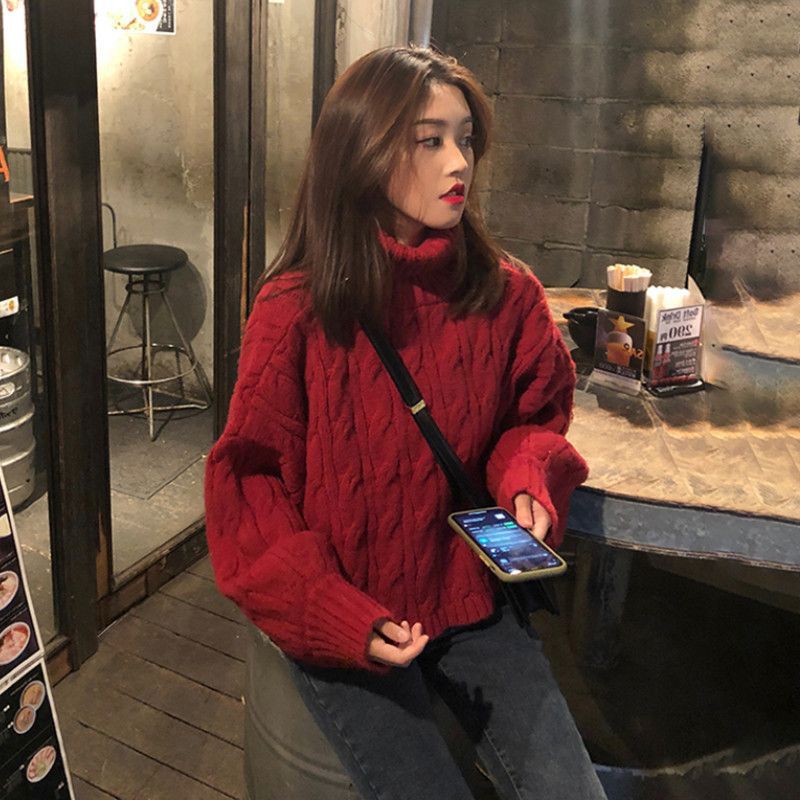 Burgundy Turtleneck Sweater for Women, New Autumn and Winter Style, Loose and Lazy Style, Thickeneded Color Twist Knitted Short Top, Trendy Burgundy Turtleneck Sweater for Women, New Autumn and Winter Style, Loose and Lazy Style, Thickeneded Color Twist Knitted Short Top, Trendy