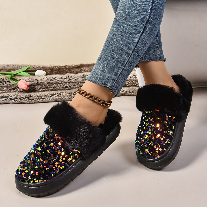 Cross-Border Amazon Cotton Slippers for Women Autumn and Winter Indoor Home Household Furry Slippers Fashionable Sequined Soft-Soled Slippers
