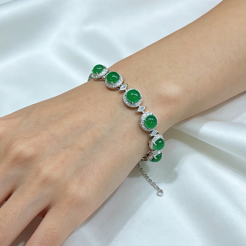 Ice chalcedony bracelet, high-quality ice green agate, silver-plated inlaid jade bracelet, new Chinese-style national jewelry wholesale