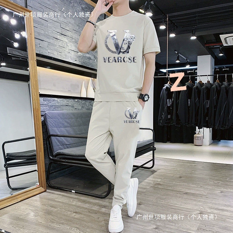 Мужской повседневный костюм ледяной шелк 2025 летний новый стиль футболки с короткими рукавами